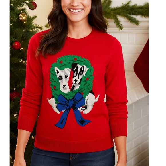 Lands' End Sweaters - Lands' End Christmas Holiday Dog Wreath Red Sweater Pet Lovers | Knit Festive S
